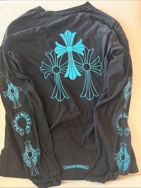 Chrome hearts Black Long Sleeve Tee with Turquoise Cross Motifs Size L